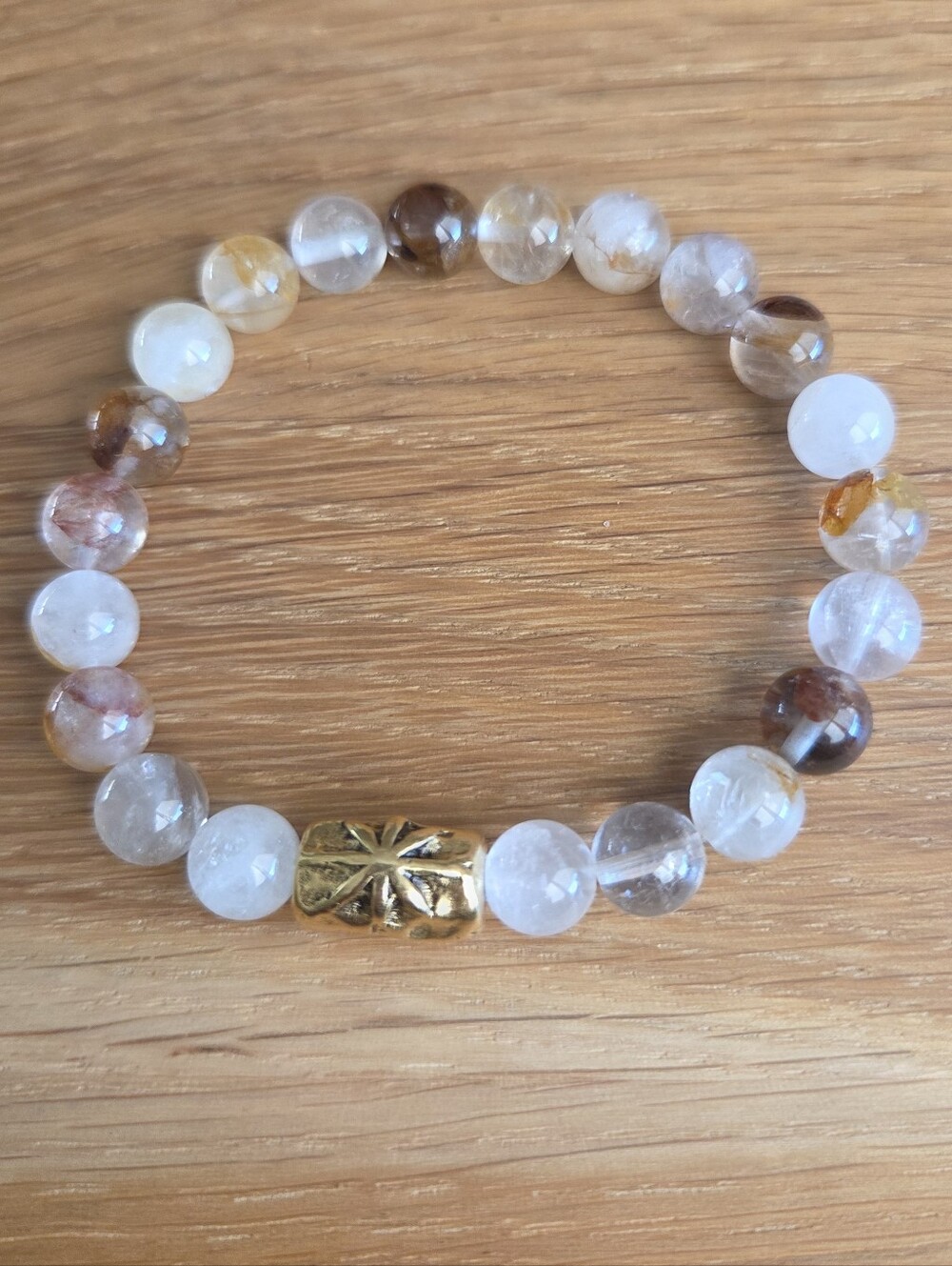 Gold Red Rutilated Quartz Beaded Stretch Bracelet | Handmade